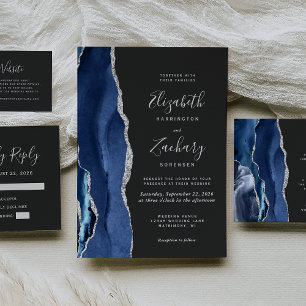 Moderne Navy Blue Silver Agate Wedding RSVP Card