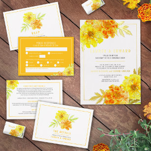 Gelbe Marigold Wasserfarbe Blume Hochzeit Dreifach Gefaltete Einladung