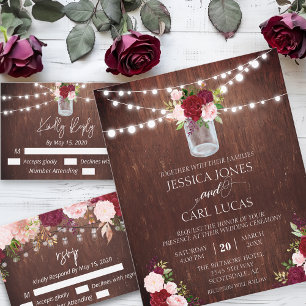 Rustikales Holz Burgund Blush Pink Rose Mason Jar Flyer
