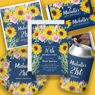 Sonnenblumen Pink Roses Navy Blau 40. Geburtstag Einladung