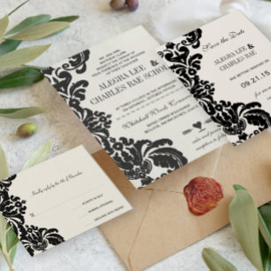 Schwarze Damast-Hochzeitseinladungen Einladung