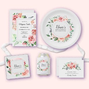 Elegante Rosa Rose Floral 80. Geburtstagsparty Einladung