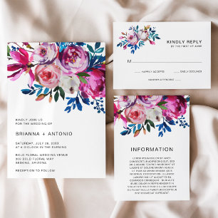Bright Teal Pink Floral Modern Wedding Begleitkarte