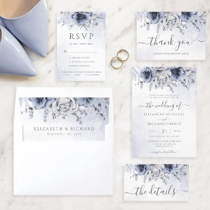 Dusty Blue Watercolor Floral Botanical Wedding RSVP Karte