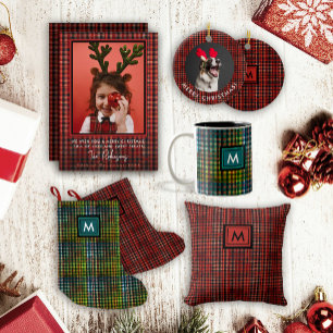 Scottish Red Tartan Gingham Pattern Black Monogram Kleiner Weihnachtsstrumpf