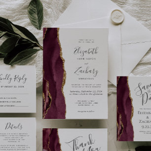 Modern Burgundy Gold Agate Wedding RSVP Card