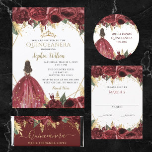 Burgund Gold Floral Prinzessin Quinceanera RSVP Karte