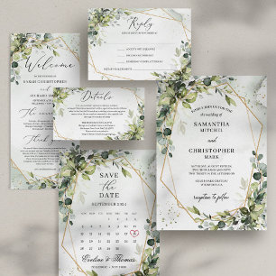 Boho goldene, geometrische Grünpflanzen Hochzeit Einladung
