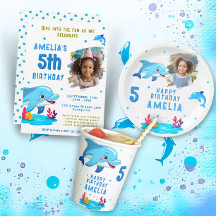 Delphin-Themen-Meer-Tier-Kinder-Geburtstagsfoto Einladung