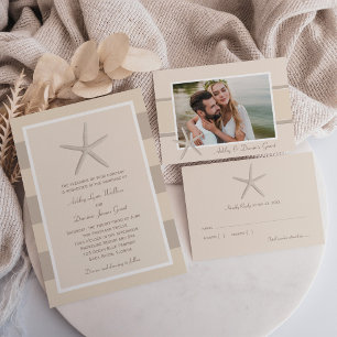 Neutrales Starfish Beach Wedding Foto Dankeskarte
