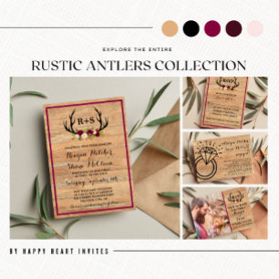 Rustikale Antlers floral Burgundy Wood Wedding Einladung