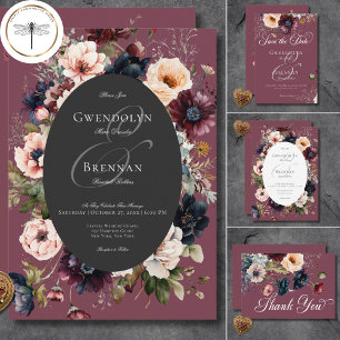 Dark Moody Burgundy Oval Floral Frame Wedding Dankeskarte