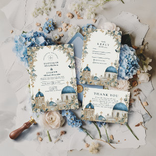 Botanische Hochzeit mit blauen Kuppeln auf Santori Dankeskarte