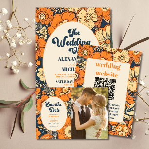 QR Code Colorful Groovy Retro 70er Floral Wedding All In One Einladung