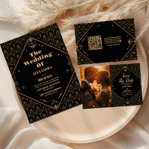 Foto Black Gold Geometric Art Deco Hochzeit Save The Date