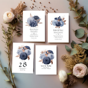 Dusty Blue und Rose Gold Floral Wedding Foto Dankeskarte