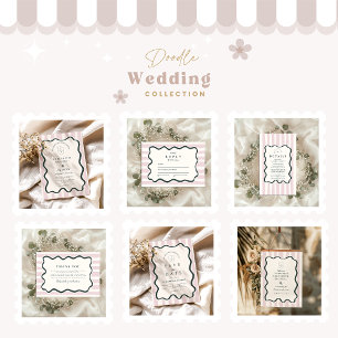 Pink Doodle Wavy Frame Wedding Einladung