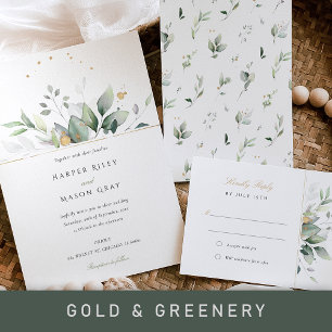Whimsical Watercolor Green & Gold Foliage Hochzeit Einladung