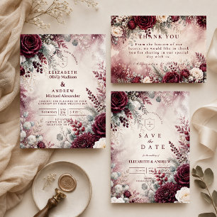 Elegante burgunderrote Winterhochzeit Dankeskarte