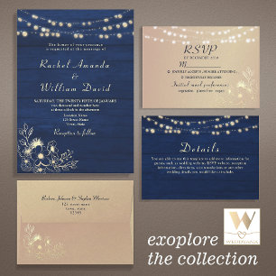 String Lights Rustic Navy Blue Wedding Einladung