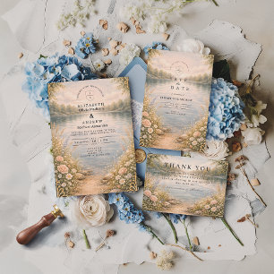 Romantische See-Wildblumen-Wald-Hochzeit Einladung