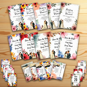 Wasserfarbe Blumen Romantisches Paar Elegante Hoch Einladung