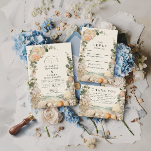 Mittelmeer-Muschel-Botanische-Hochzeit RSVP Karte