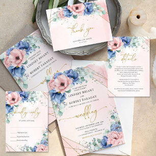 Pastellfarbene, rosa, staubige, blaue Goldrahmen-H Dankeskarte