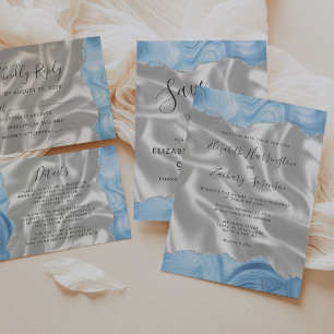 Baby Blue Silver Agate White Silk Wedding Details Begleitkarte