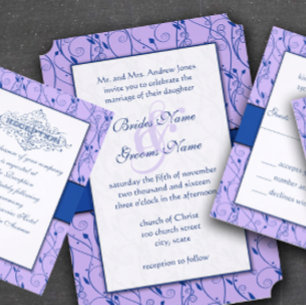Monogram Royal Blue Lilac Swirl Wedding Einladung