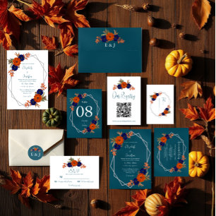 Rustikale Herbst-Orangenblauer Blumenhochzeit Einladung