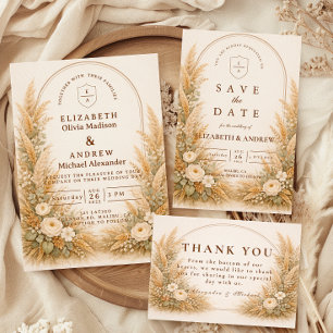 Neutrale Weizenbogen-Blumenhochzeit Save The Date