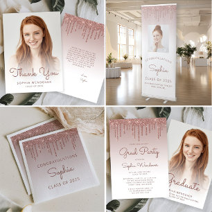 Abschluss 2026 Foto Roségold Glitter-Drip Dankeskarte