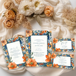 Moderne, blaue und weiße, blühende mediterrane Fli All In One Einladung