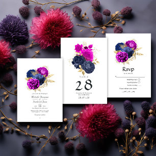 Magenta Navy und Gold Floral Wedding QR Code UAwg Einladung
