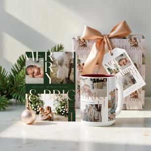 Merry & Bright Modern Bold Family Foto Collage Zweifarbige Tasse