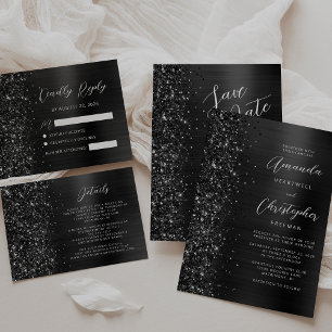 Glam Black Brushed Metal Glitzer Script Wedding Einladung