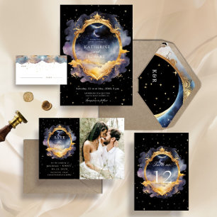 Mystical Celestial Blue Gold Hochzeit Einladung