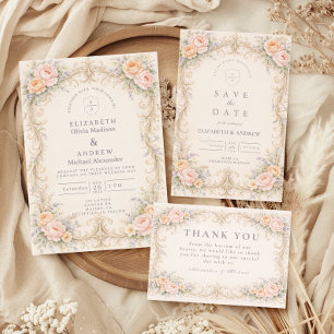 Rosa Barock-Rosen-Hochzeit in Rosé und Pfirsich Dankeskarte