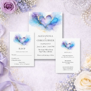 Blaue Lila Goldene Abstrakte Herz Hochzeit RSVP Karte