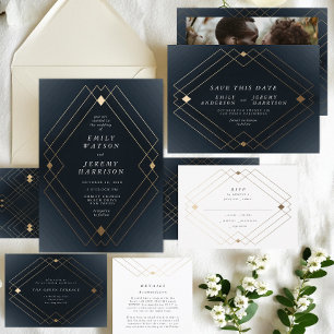 Gold Diamond Navy Geometric Deko Gatsby Wedding Begleitkarte