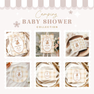 Neutrale Gingham Teddy Bear Baby Shower Einladung