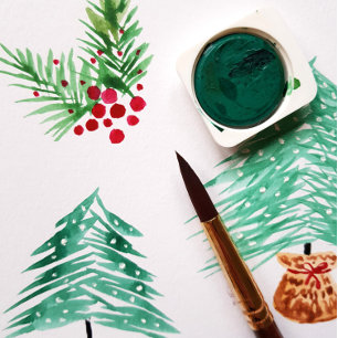 Red Berries and Greenery Watercolor Gold Folien Feiertagskarte