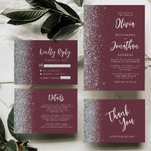 Burgund Silber Glitter Schrift Hochzeit Danke Karte