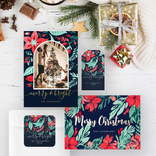 Frohe Weihnachten Blau Rot Elegant Botanisch Folien Feiertagskarte