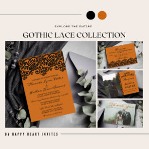 Gothic Lace Halloween Orange Black Wedding Einladung