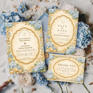 Vintage-nautische Hortensien-Hochzeit Einladung