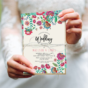 Hellorange Folk Blume Blumenhochzeit Einladung