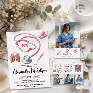 3 Foto Watercolor Pink Nursing School Graduate Ankündigung