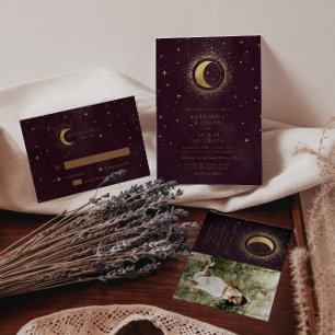 Celestial Burgundy Gold Moon and Stars Wedding Einladung